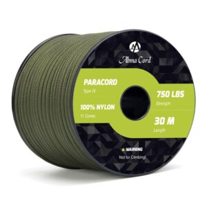 Abma Cord 750lb Paracord 100% Nylon Rope 11 Strands Type IV Military Grade Parachute Cord - UV/Abrasion Resistant - Heavy Duty Max. 340kg