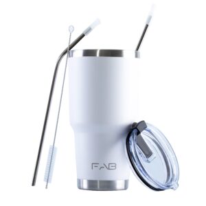 FAB Tumbler - White Reusable 30oz(850ml) Stainless Steel Tumbler with Lid and Straws - Coffee Cup