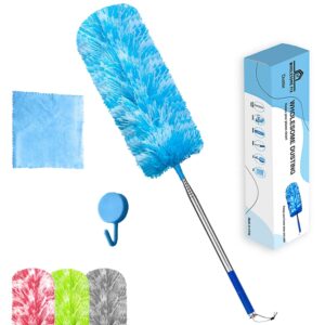 WholesomeFix 100 Inch Extendable Feather Dusters for Cleaning- Microfiber Long Handled Duster- Bendable & Washable with Hook & Towel