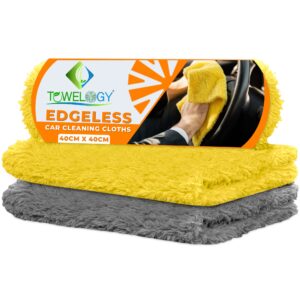 Towelogy® Premium Edgeless Microfibre Cloth for Car Drying and Detailing Dual Sided Piles Ultra Plush Scratch Free Cleaning Auto Towels 40x40cm (Yellow/Grey