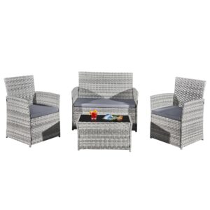 ASOWNSUN Grey Rattan Garden Furniture Set 4 piece Chairs and Table