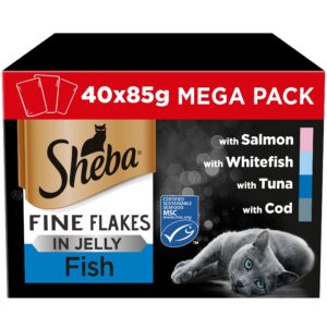 Sheba Fine Flakes in Jelly – Fish Collection – Wet Cat Food Pouches for Adult Cats – (40 x 85 g)