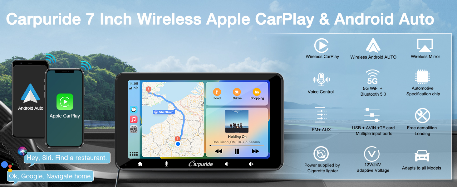 7 inch Portable Wireless CarPlay/Android Auto Car Multimedia Player