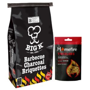 Big K Charcoal Grill BBQ Bundle - 5kg Barbecue Charcoal Briquettes Bag & Homefire Twizlers Wood Wool Firelighters 300g with Topline Card for Outdoor Barbeque Grill
