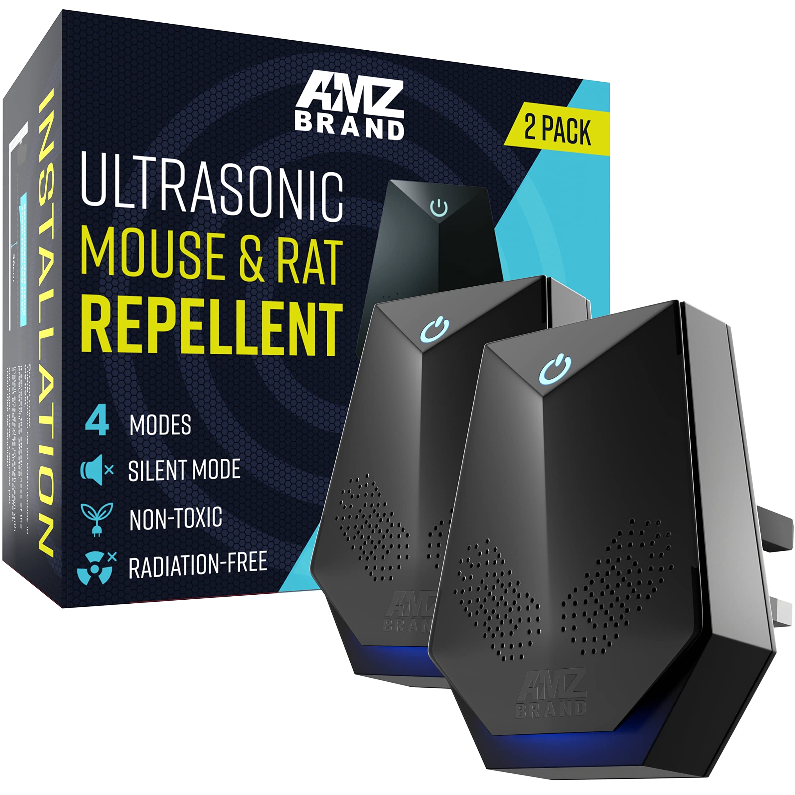 AMZ BRAND Ultrasonic Mouse Repellent 2 Pack - Rat Repellent - 4 Working Modes - Silent Mode - Non-Toxic - Effective against Mice and Rats - Radiation free
