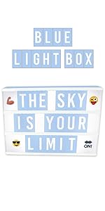 Blue light box with 210 letters and 90 emojis
