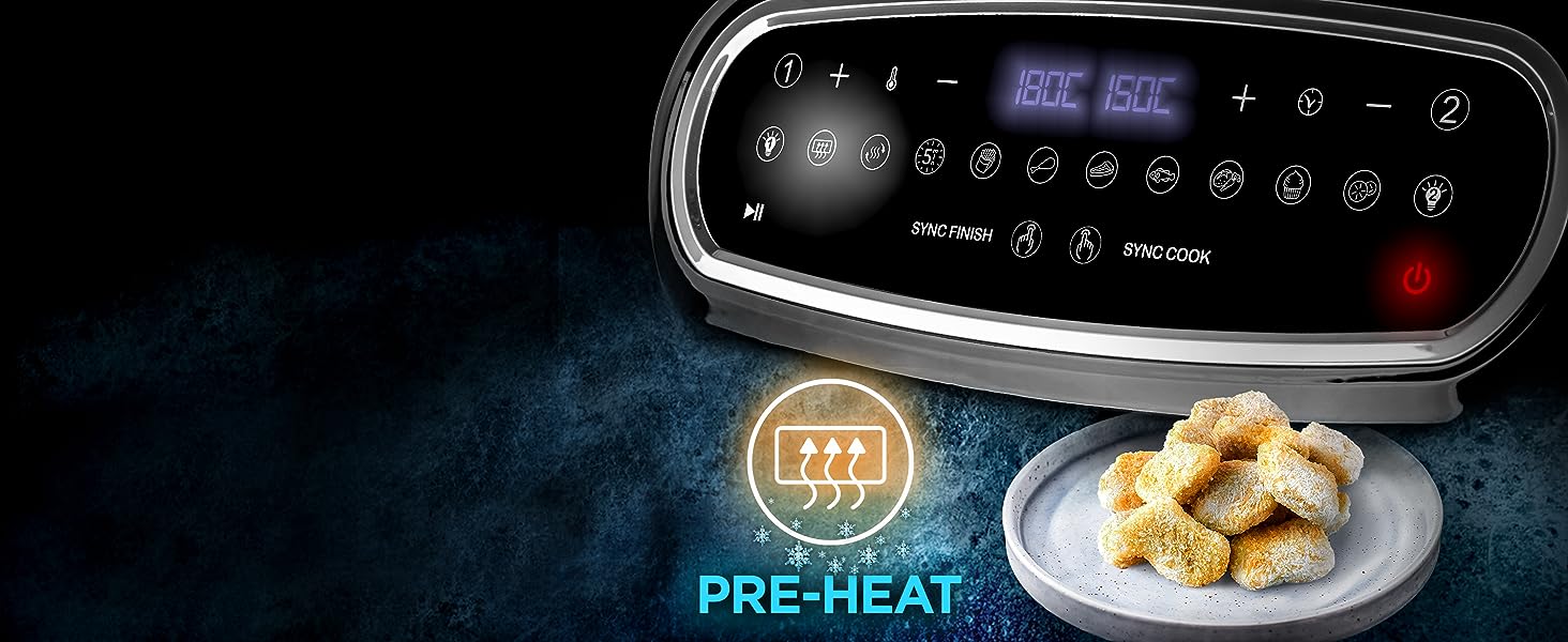 pre-heat function shown with frozen chicken nuggets on a plate