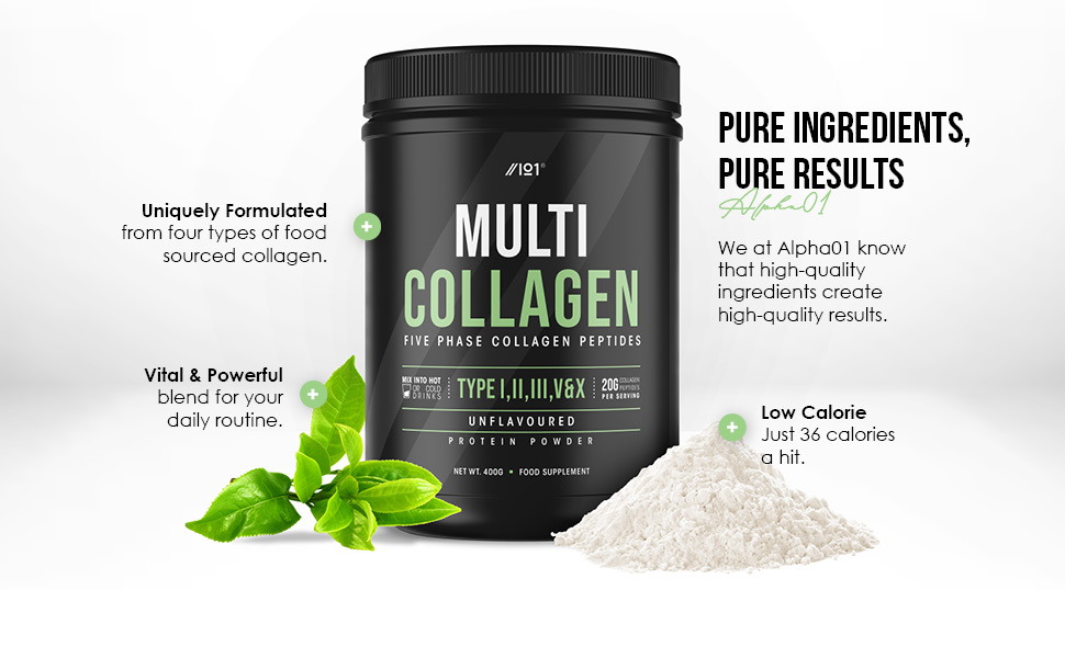 Alpha01 Multi Collagen Protein Powder Mix Drink Unflavoured, 5 Types, Grass-Fed, 20g