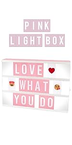 Pink light box with 210 letters and 90 emojis