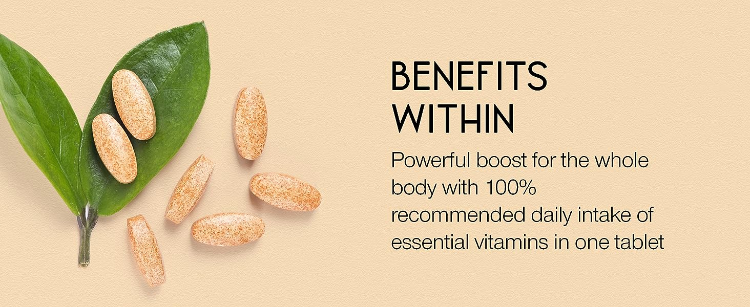 tablets of multi vitamins with their benefits listed, intake of essential vitamins, whole body boost