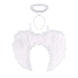 Zemolo Angel Wings and Halo Set Feather Devil Wings Fairy Wings Halloween Christmas Fancy Dress Costume Party for Kids Adults White