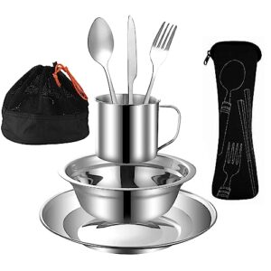 Outdoor Camping Cutlery Set Stainless Steel Tableware Mess Kit Includes Plate Bowl Cup Spoon Fork Knife in Mesh Bags for Camping Backpacking & Hiking for 1 Perso