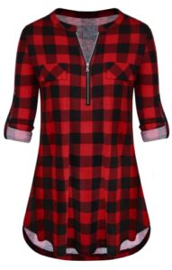 Odosalii Womens Zip Up Plaid Tunic Blouse Short/Long Sleeve Polo Top Floral Printed Shirts