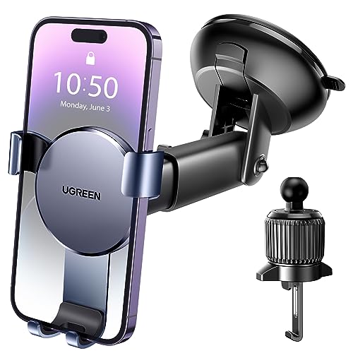 UGREEN Car Phone Holder Mount Gravity [Auto Lock & Release] Windscreen Dashboard Suction Cup Air Vent Mobile Phone Holder for Car Window Cradle Compatible with iPhone 14 13 12 11 Pro Max Xs XR X