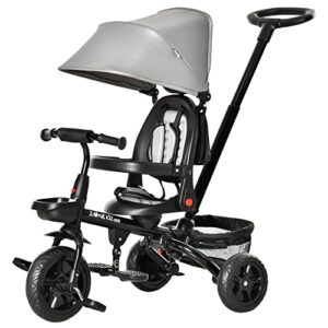 HOMCOM 4 in 1 Kids Trike Toddler Foldable Pedal Tricycle w/Reversible Angle Adjustable Seat Removable Handle Canopy Belt Brake for 1-5 Years - Grey