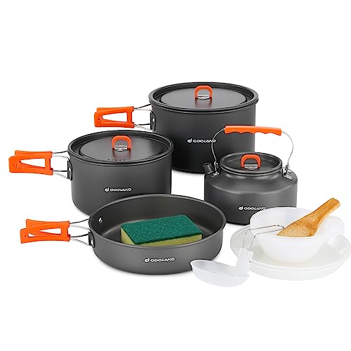 Odoland Camping Cookware Mess Kit Non-Stick Lightweight Camping Kettle Pots and Pans Set with Bowls Soup Spoon for Backpacking