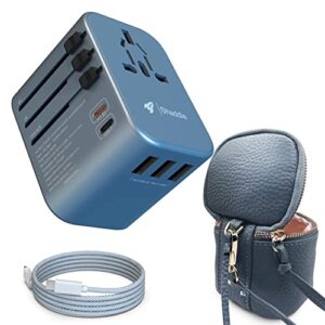 Worldwide travel adapter plug 200+ countries eg US AU UK EU. Exclusive blue plug adapter with 5 USB ports inc fast charging PD port + LEATHER BAG. Universal travel adapter (iPhone Cable)