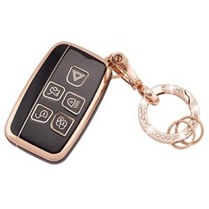Koaudb Car Key Fob Case 5 Buttons TPU Key Protection Case with Keychain Fit for Land Rover LR4 Range Rover Sport Evoque Jaguar XF XJ XJL F-pace Smart Key Case Shell Black Gold (R-Rov-B)