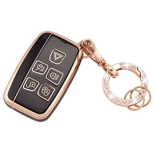 Koaudb Car Key Fob Case 5 Buttons TPU Key Protection Case with Keychain Fit for Land Rover LR4 Range Rover Sport Evoque Jaguar XF XJ XJL F-pace Smart Key Case Shell Black Gold (R-Rov-B)