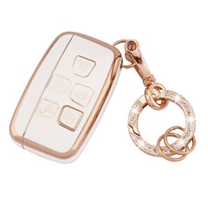 Koaudb Car Key Fob Cover Protection Fit for Land Rover LR4 Range Rover Sport Evoque Jaguar XF XJ XJL F-pace 5 Buttons Smart Key Fob Case Soft TPU Key Case Protector with Bling Keychain (R-Rov-W)