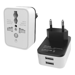 Pipestation EU to UK Travel Adapter Plug with USB Charger – 2 Pack | UK to Euro USB Plug Adaptor | UK 3 pin to Europe 2 Pin | Socket Converter for Spain Italy France Greece | European Type C E F Plugs