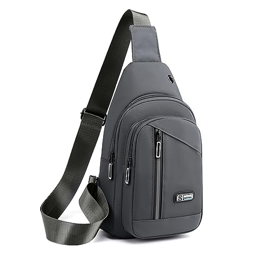 Crossbody Sling Bag for Men Women - Nylon Travel Shoulder Bag Waterproof Chest Bag with Headphone Hole Anti Theft Cross Body Bag Grey Fanny Pack One Strap Backpack for Sports Hiking Gym Cycling