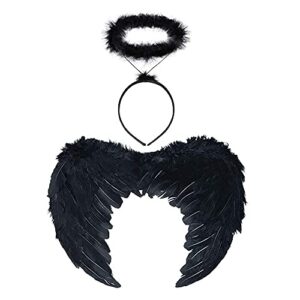 Zemolo Angel Wings and Halo Set Feather Devil Wings Fairy Wings Halloween Christmas Fancy Dress Costume Party for Kids Black