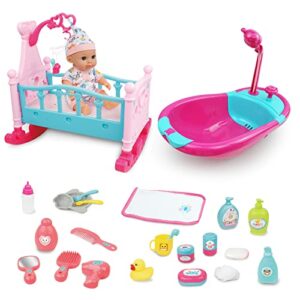 RedCrab 2-in-1 Baby Doll Toys 12" Newborn Doll Bath and Bed Play Set - shaker and Bathtub with Shower Spray and 25pcs Accessories for Girls Pretend Play