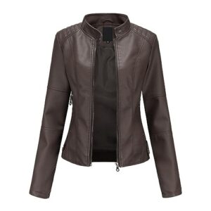 YYNUDA Leather Jacket Women PU Biker Moto Jacket Zip Up Classic Short Bomber Jacket Standing Collar Motorcycle Coa