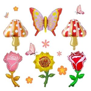 Paready 6PCS Flower Balloons Mushroom and Butterfly Foil Balloons Giant Rose Floral Balloons Mushroom Flower Helium Balloons Butterfly Flower Balloons for Girls Birthday Flower Party Baby Showe