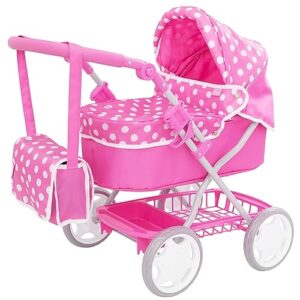 Dolly Tots Junior Pram | Childrens Pushchair With Matching Changing Bag & Adjustable Hood | Pink Dotty Print Pram | Under-seat Storage Travel System For Children | Pushchair & Pram Toys For Kids 3+