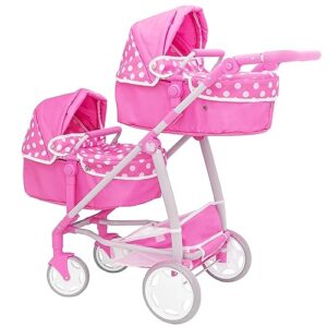 Dolly Tots Evalite Twin Pushchair | Pink Polka Dot Double Pushchair | Double Dolls Pram with Adjustable Height Handle And Multiple Seat Options | Suitable For Ages 3+
