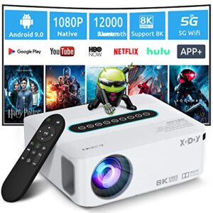 Xgody 4K Supported Projector w/ 5G WiFi Bluetooth，XGODY X1 Android TV Portable Smart Projector Native 1080P，12000 Lumens4D Correction Zoom Function Home Movie HD Video Projector Dolby Speaker w/ Apps