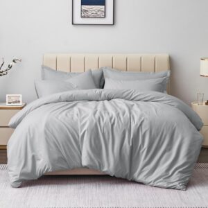 Aisbo Double Duvet Covers Set Grey - 3Pcs Bedding Set Double Bed Soft Brushed Microfiber Quilt Cover with 2 Pillowcases