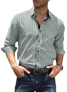 Elegancity Mens Dress Shirt Plaid Cotton Business Formal Shirts Regular-Fit Wrinkle-Free Long Sleeve Button Down Casual Shirts S-XXL