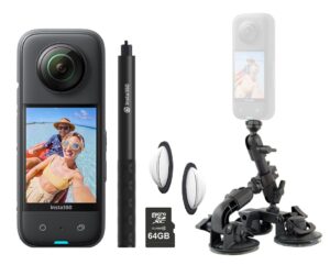 Insta360 X3 360 Degree Action Camera x Fat Gecko PREMIUM CAR MOUNT Kit for Vehicle Drone / 3rd Person/GTA Video inc: Invisible Selfie Stick