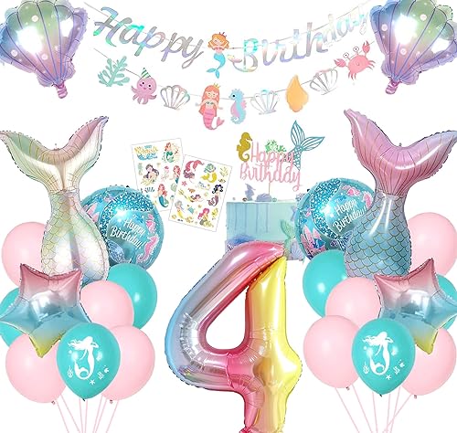 Mermaid Birthday Decorations Little Mermaid Party Decorations 4rd Birthday Decorations For Girls Include Mermaid Balloons Mermaid Number Balloon 4 Mermaid Bunting Happy Birthday Banne