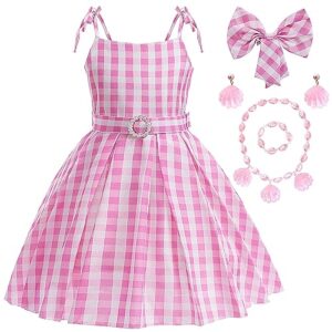 Amtum Barbie Dress Up for Girls Pink Plaid Dress Barbie Costume With Accessories Barbie Fancy Dress Kids Outfits Carnival Halloween Party Cosplay Costume 3-12 Years