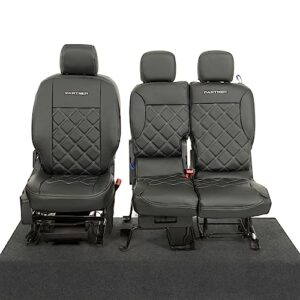 UK Custom Covers SC801B Tailored Leatherette Front Seat Covers (Single/Double) with Double Diamond Bentley Stitch & 'Partner' Embroidery Black - To Fit Peugeot Partner (2018 Onwards)