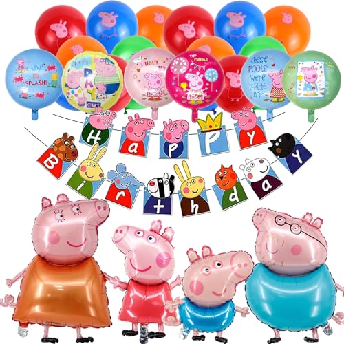 28 Pcs Pig Birthday Decorations for Boys Girls Happy Birthday Balloon Banner Pink Pig Family Balloons Pig Foil Balloons Cute Funny Birthday Balloons Cartoon Balloons Theme Party Supplies Decoratio