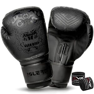 Islero Fitness Matte Black Boxing Gloves Men Punch Bag Women MMA Muay Thai Martial Arts Kick Boxing Sparring Training Fighting Gloves With Hand Wraps