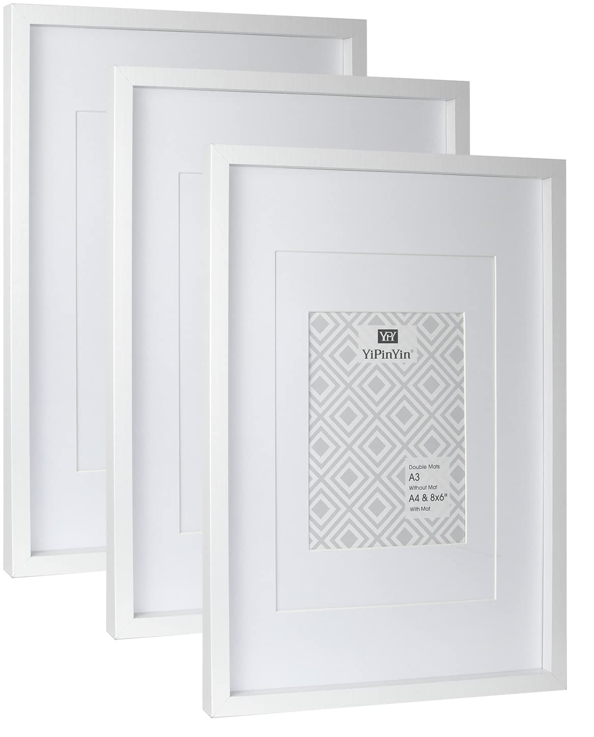 White A3 Boxed Picture Frames Set of 3 with Double Mounts for A4 & 6x8 photo