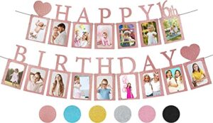 Sweet 16 Birthday Decorations Photo Banner in Rose Gold Pre-assembled - Sweet 16 Banner WITH Sixteen Photo Card Frames Party Supplies - Happy 16th birthday decorations for girls with 16 Signs