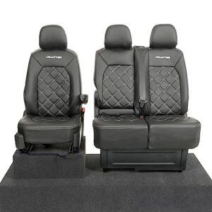 UK Custom Covers SC892B Tailored Leatherette Front Seat Covers (Single/Double With Folding Middle Seat) Double Diamond Bentley Stitch & 'Crafter' Embroidery Black - To Fit VW Crafter (2017 Onwards)