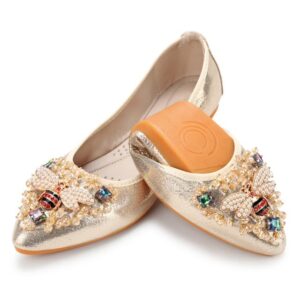 Padcod Womens Fold up Pumps Roll up Shoes Ladies Foldable Ballet Flats with Rhinestone