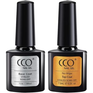 CCO Gel Base Coat and Top Coat Nail Polish- No Wipe Base and Top Coat Set LED UV Soak Off Nail Lamp for Home DIY & Nail Salon Varnish Long Lasting High Gloss Shiny 2 x 7.3ml