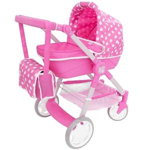 Dolly Tots Junior Roamer Pram | Single Pushchair With Detachable Carry Cot | Includes Matching Changing Bag & Under Seat Storage | Travel System In Pink Polka Dot With Adjustable Handle Height | 3+