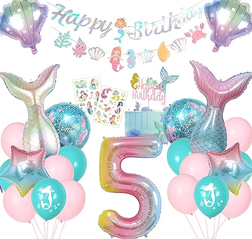 Mermaid Birthday Decorations Little Mermaid Party Decorations 5rd Birthday Decorations For Girls Include Mermaid Balloons Mermaid Number Balloon 5 Mermaid Bunting Happy Birthday Banne