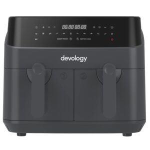 Devology Double Air Fryer - 9L 2 x 4.5L Independent Cooking Zones Free 50 Recipe Cookbook- 12 Programs Digital LED Display Airfryer Healthy Oil-free Portable Kitchen Appliance