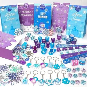 Latocos 110 Frozen Party Bag Fillers Princess Party Favours Castle Snowflake Ring Stamper Keychain Sticker Slap Bracelet Gift Bag Elsa Frozen Toy Gift Girls Frozen Birthday Party Supplies